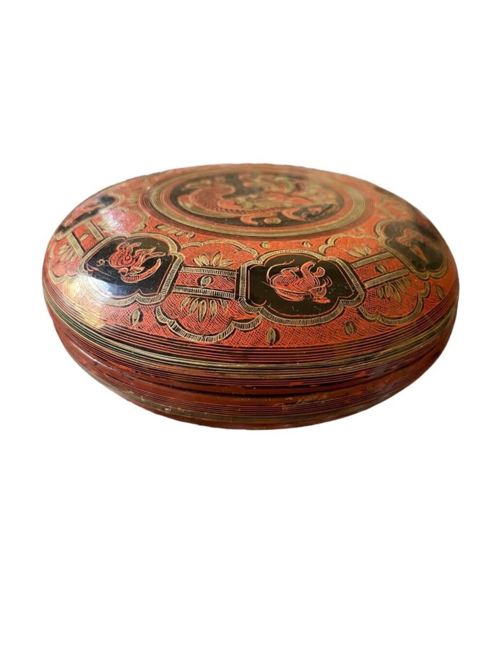 Vintage Burmese Handcrafted Lacquerware Box With Intricate Phoenix Design 7" Dia